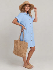 Linon | Short Sleeve Front Pockets Knee Length Dress