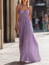 Halter Neck Ruched Bodice Pleated Maxi Dress