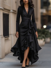 Midnight Blue Draped Satin Maxi Dress With Ruffle Details