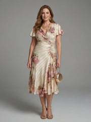 Katarina | Flutter Sleeve Wrap Floral Stripe Print Midi Dress