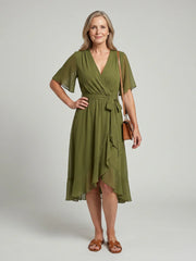Keziah | Short Sleeve Wrap Soft Flowing Hem Midi Dress