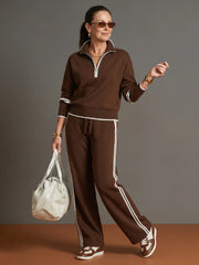 Rain | Zip Neck Long Sleeve Side Stripe Leg Pants Set