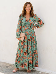 Elena | Long Sleeve V Neck Floral Maxi Dress