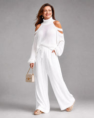 Elamen | Cold Shoulder Knit Sweater Wide Leg Pants Set