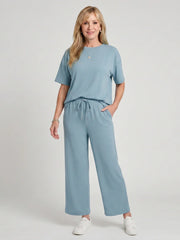Wihel | Short Sleeve Drawstring Waist And Straight Leg Pants Set