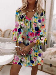 Romantic Floral Print V-Neck Mini Dress