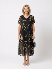 Marisa | V Neck Short Sleeve Midi Dress Abstract Print