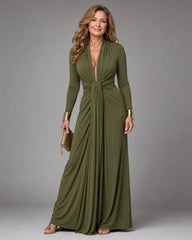 Vimmer | Draped Deep V Neck Long Sleeve Maxi Dress