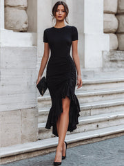 Ruched Asymmetric Ruffle Hem Maxi Dress