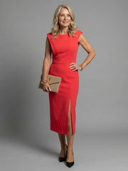 Thessaly | Sleeveless Structured Midi Dress with Front Slit