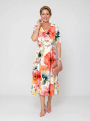 Corinne | Floral Print Short Sleeve V Neck Midi Dress