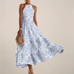 Printed Halter Neck Maxi Dress - A-Line Flowy