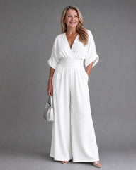Emene | Draped V Neck Wide Leg Relaxed Jumpsuit