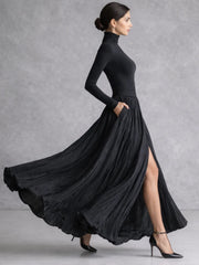 Isla | Pleated Full Skirt Turtleneck Maxi Dress