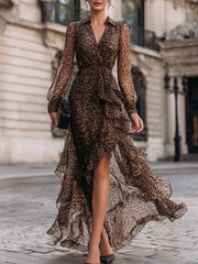 Leopard Print Wrap Maxi Dress With Ruffled Hem