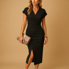 Midi Dress - V-Neck, Elegant Fit, Front Split