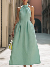 Mint Green Halter Neck Pleated Maxi Dress With Pockets