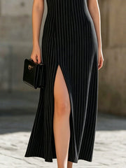Black Pinstripe Turtleneck Short-Sleeve Slit Maxi Dress