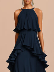 Halter Neck Asymmetric Layered Ruffle Maxi Dress