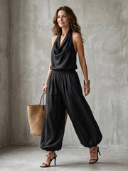 Yvaine | Drape Neck Fluid Top Wide Leg Set
