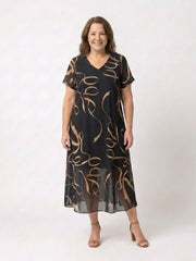 Marisa | V Neck Short Sleeve Midi Dress Abstract Print