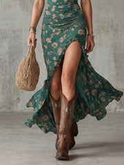 Cilla | Smocked Bodice Ruffle Strap High Slit Midi Dress