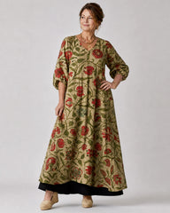 Rimla | Botanical Print Relaxed Three Quarter Sleeve Midi Dress