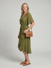 Keziah | Short Sleeve Wrap Soft Flowing Hem Midi Dress