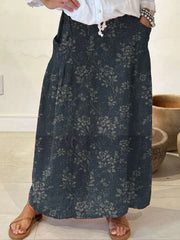 Women'S Vintage Floral Linen Elastic Waistband Pocket Skirt