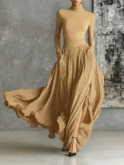 Alina – Elegant High-Neck Flowy Maxi Dress