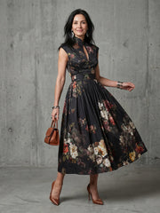 Greta | High Neck Keyhole Floral Pleated Midi Dress