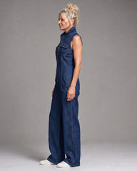 Samantha | Zip Front Sleeveless Denim Wide Leg Jumpsuit