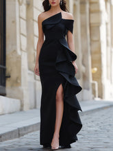 Black One-Shoulder Ruffled Evening Gown With Asymmetric Slit