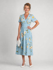 Marion | Floral Print Short Sleeve V Neck Midi Dress