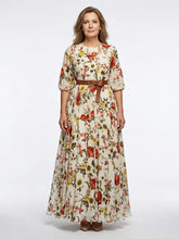 Odelia | Round Neck Three Quarter Sleeve Belted Maxi Dress