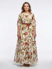 Odelia | Round Neck Three Quarter Sleeve Belted Maxi Dress