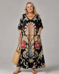 Evarose | Ornate Vintage Print Three Quarter Sleeve Midi Dress