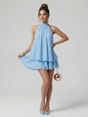 Hadley | High Neck Layered Chiffon Flared Hem Mini Dress