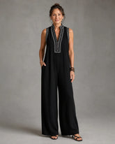 Velmira | Embroidered V Neck Sleeveless Wide Leg Jumpsuit
