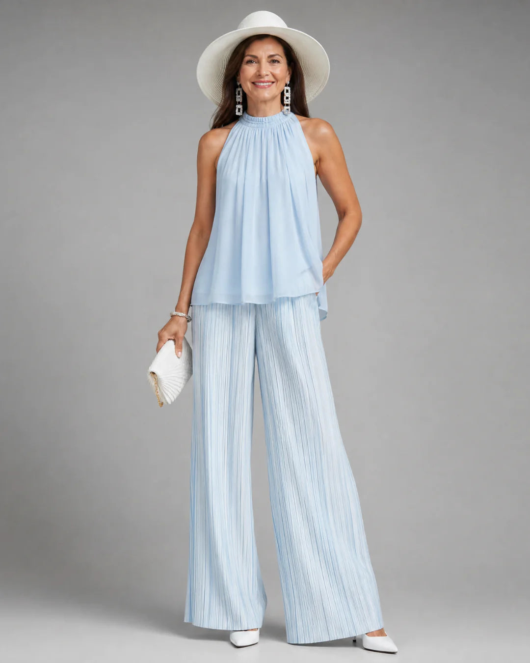 Sylmara | Halter Neck Flowing Top And Pleated Wide Leg Pants Set