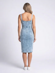 Calista | Sleeveless Zip Front Seamed Denim Knee Length Dress