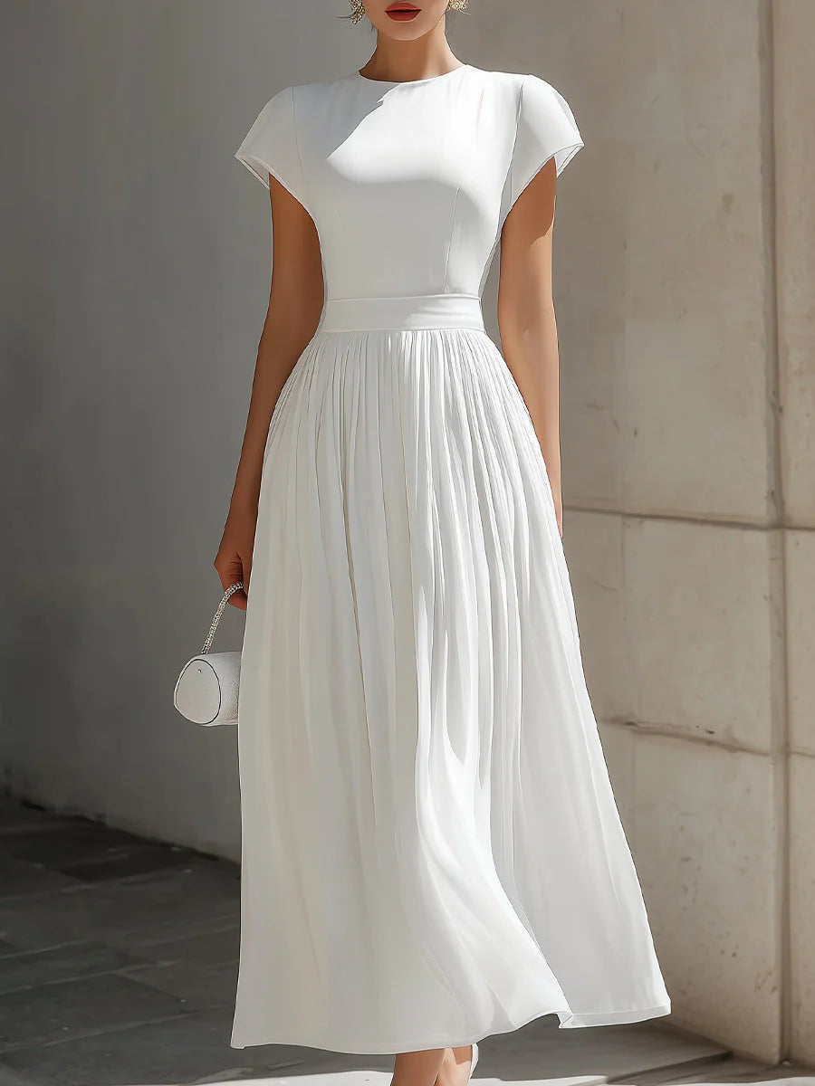 Round Neck Cap Sleeve Pleated Chiffon Waisted Maxi Dress
