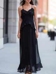 Ruffled Trim Spaghetti Strap Sheer Overlay Maxi Dress
