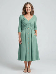 Isolde | Cross Pleated V Neck Button Front Midi Dress