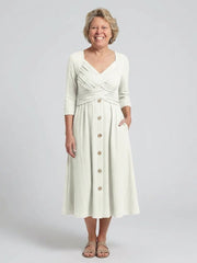 Isolde | Cross Pleated V Neck Button Front Midi Dress