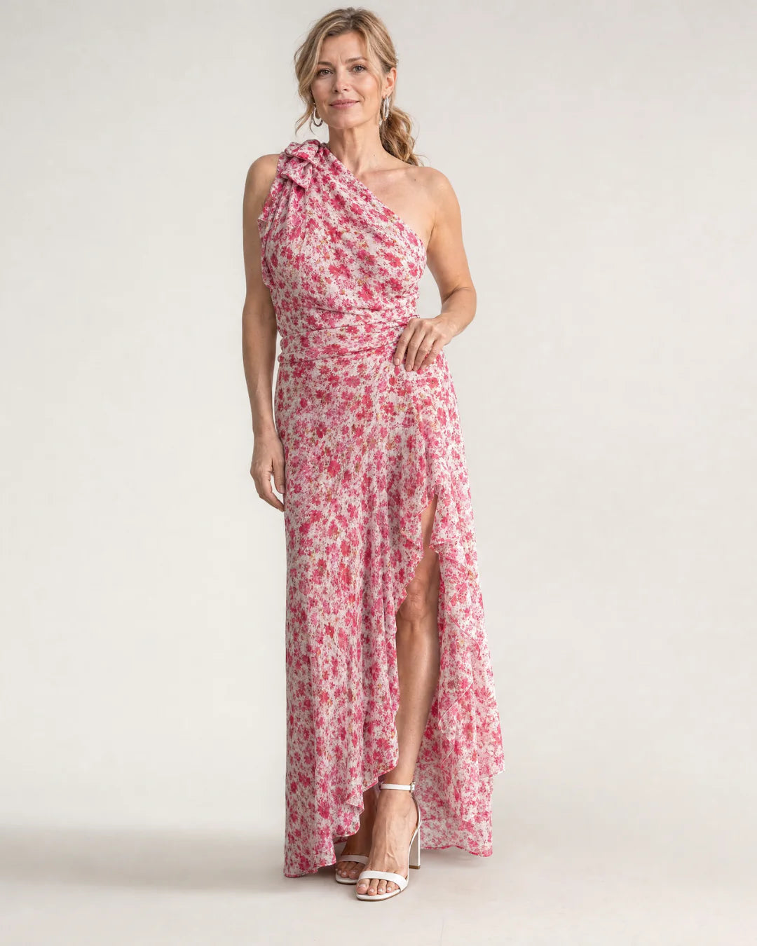 Ikele | Ditsy Floral One Shoulder Ruffle Hem Midi Dress