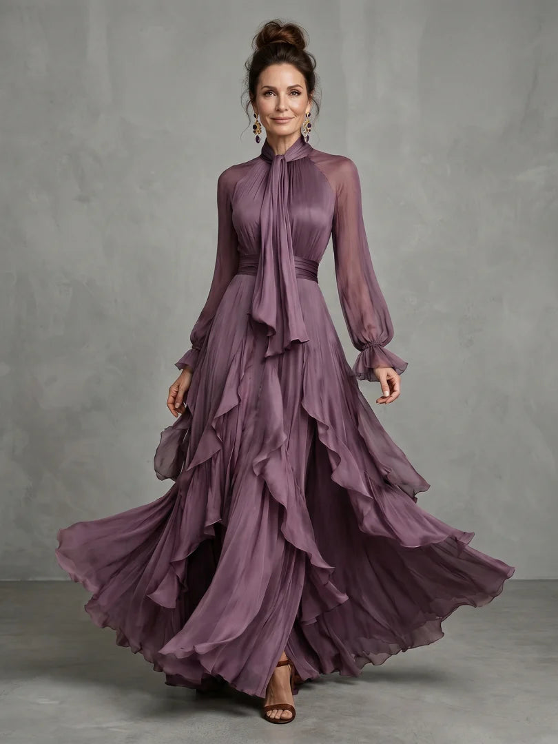 Demetria | Tie Neck Ruffle Tiered Maxi Dress