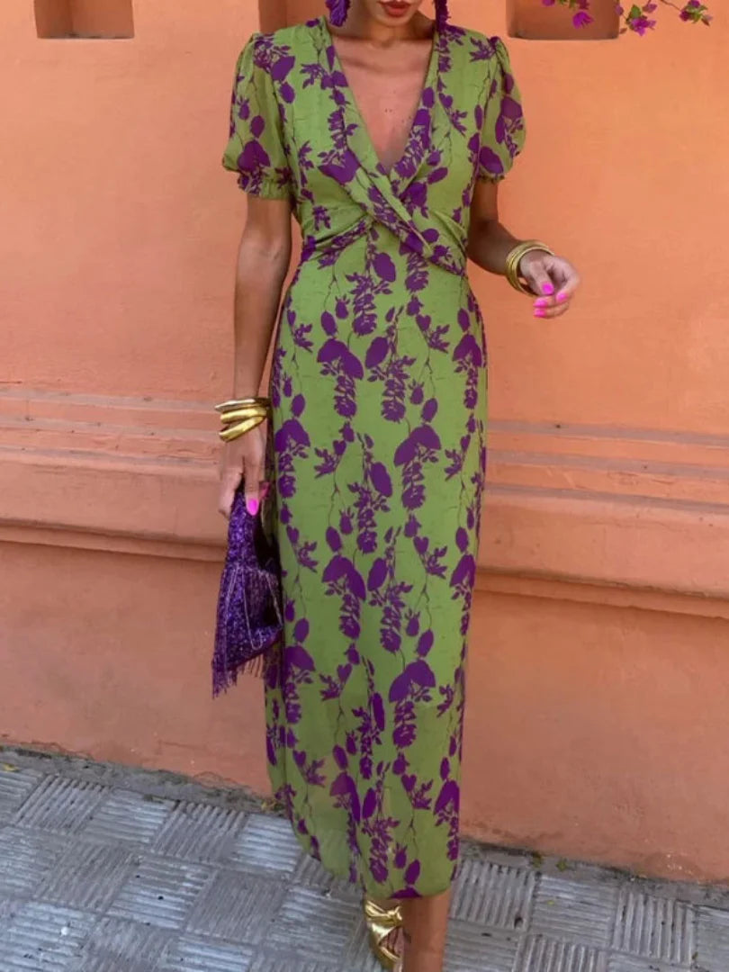 Clara | Short Sleeve Floral V Neck Midi Dress