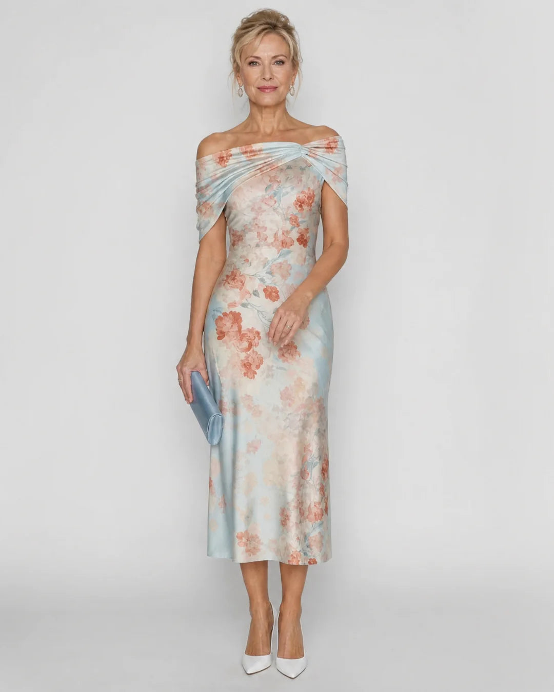 Imore | Soft Floral Off Shoulder Fitted Midi Dress