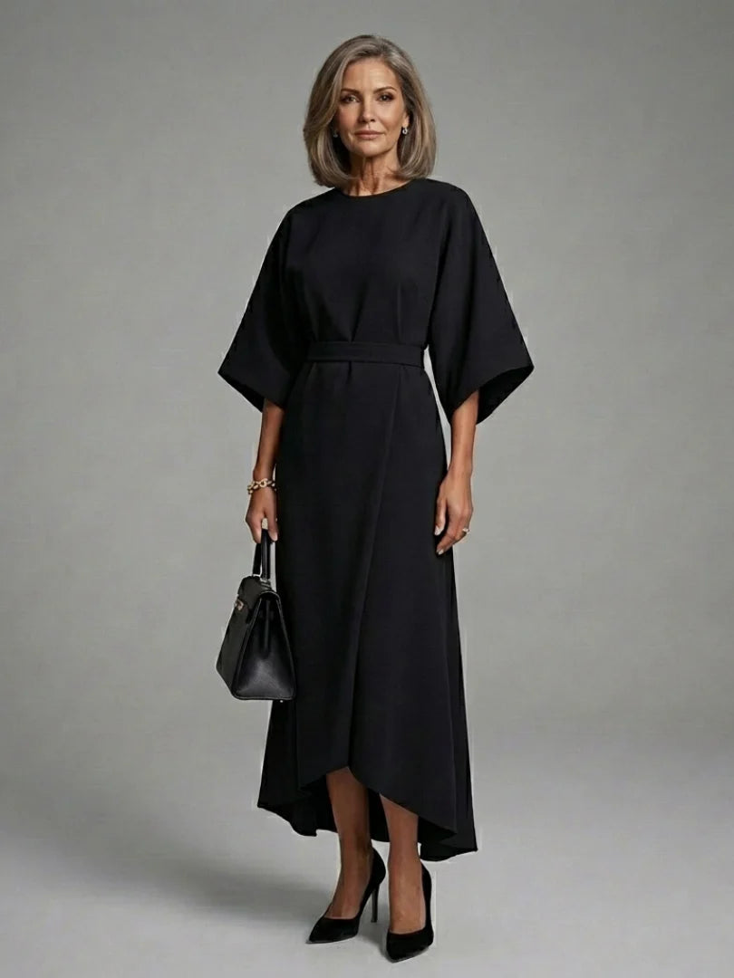 Sereia | Waist Defined Cape Sleeve Asymmetric Midi Dress
